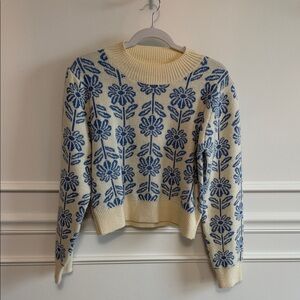 Cream Crewneck Sweater with Blue Floral Jacquard - Women's Crew